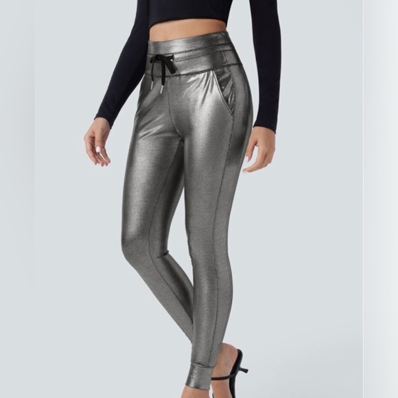 HALARA Pants - Halara SoftlyZero Faux Leather High Waisted Drawstring  Foil Print Joggers